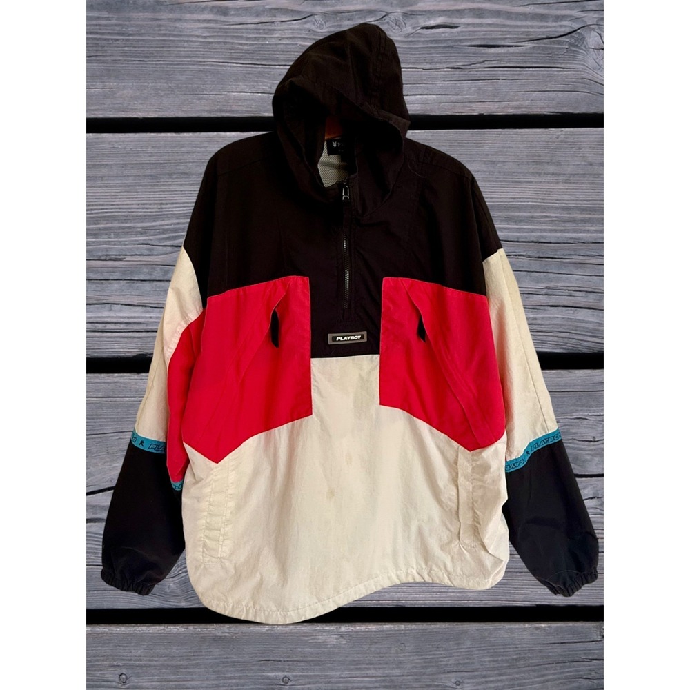 Playboy X PacSun Mens L Windbreaker Jacket Logo Hooded 1/4 Zip Black Color Block